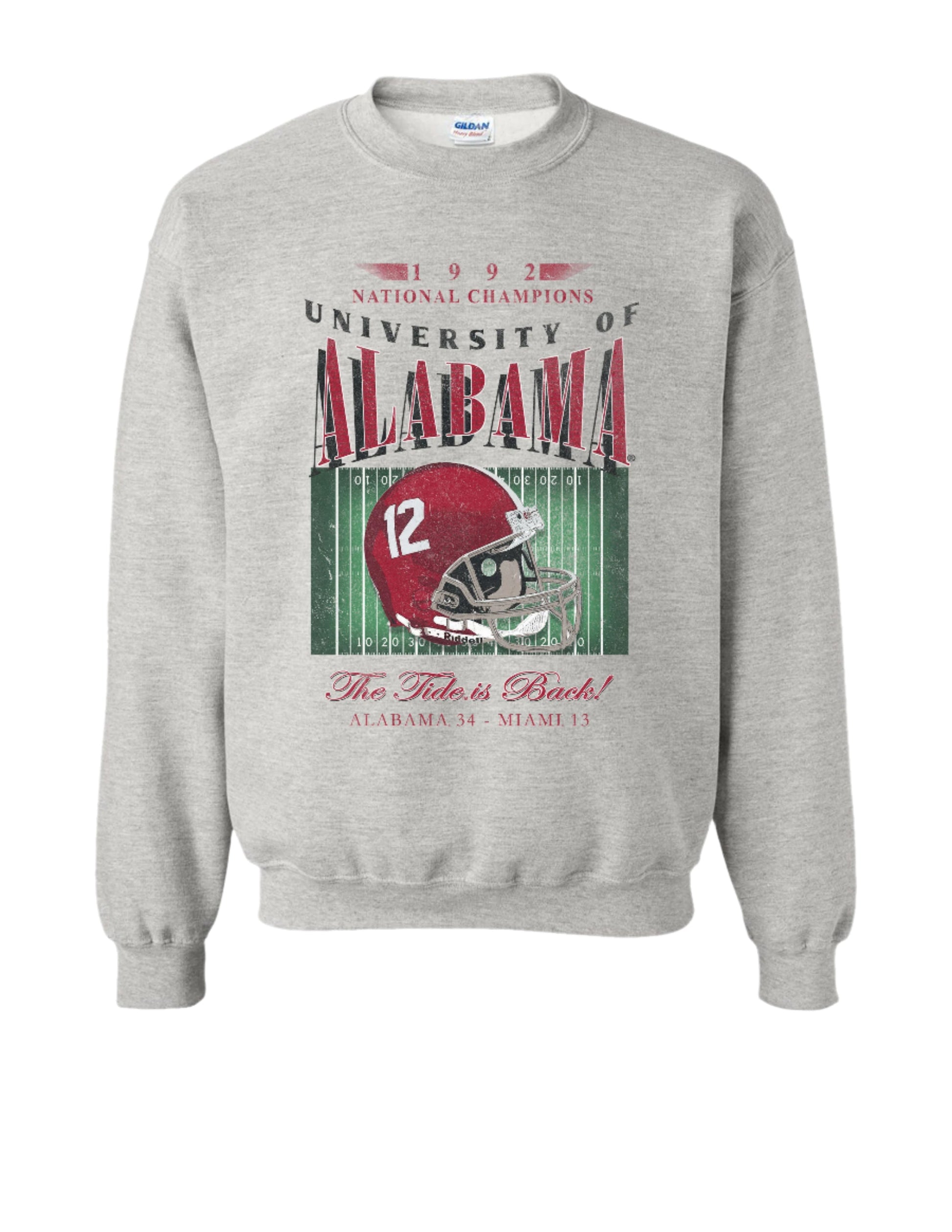 University of Alabama 1992 National Champions Gildan Ash  Sweatshirt  with a graphic print of a football helmet and the text '1992 National Champions UNIVERSITY OF ALABAMA'.