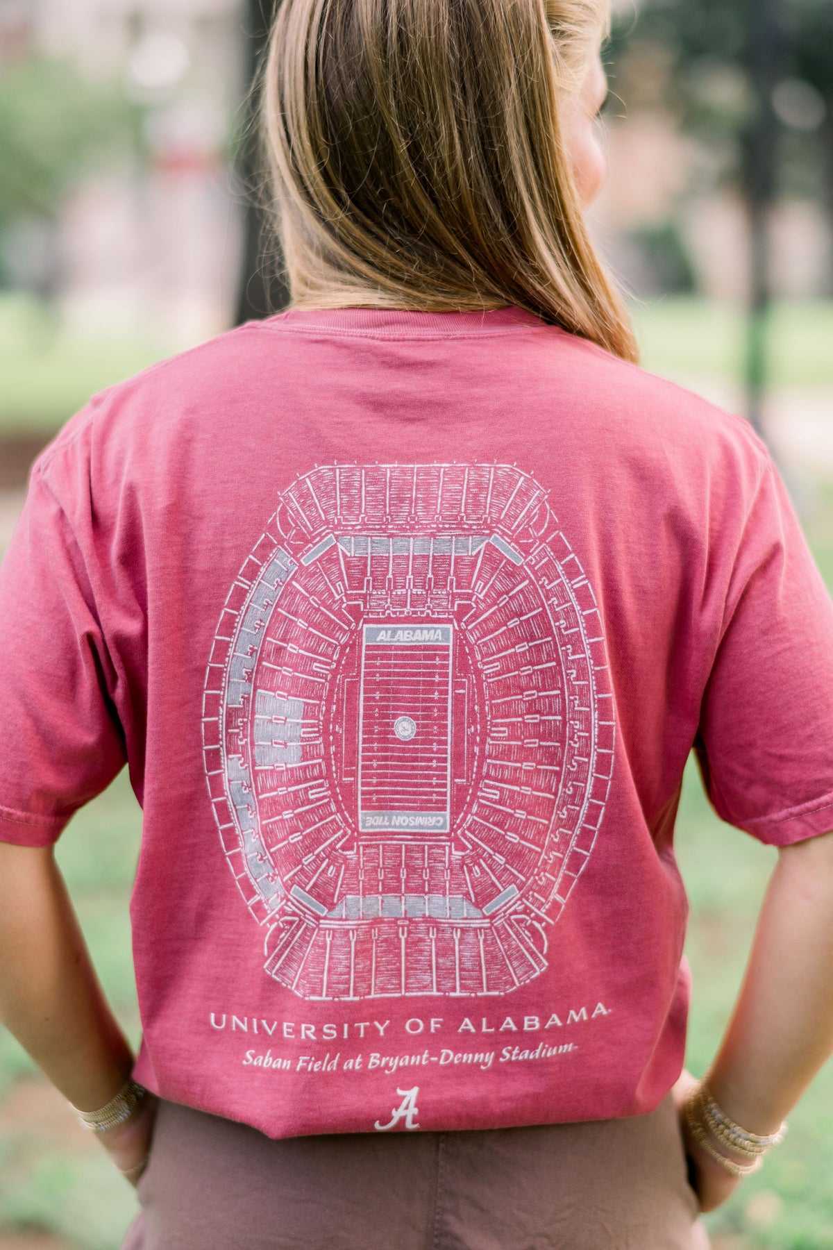 University of Alabama Red T-Shirt with an image of the Saban Field at Bryant-Denny Stadium Blueprint