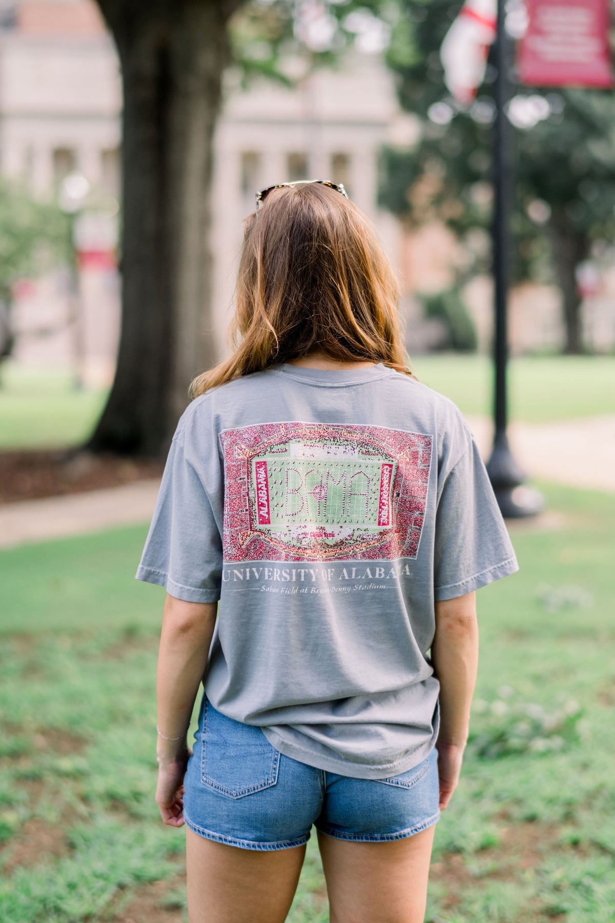 University of Alabama Granite T-Shirt with an aerial view of the Million Dollar Band performing their iconic “Big Bama Spellout”