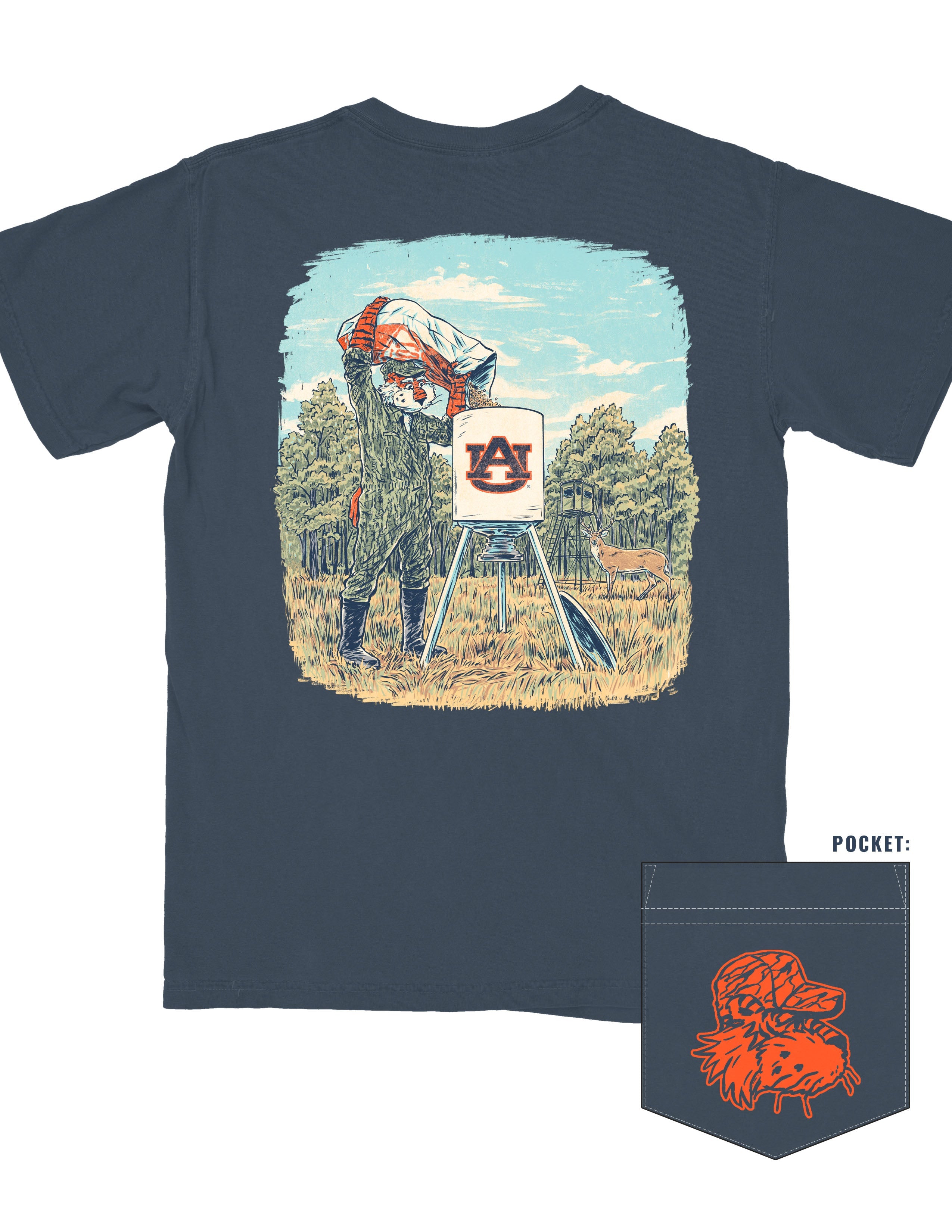 Navy blue t-shirt with a graphic of a person painting an Auburn logo on a tree, displayed on a white background.