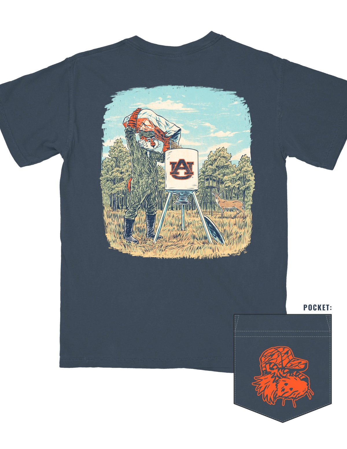 Auburn University Navy T-Shirt with an image of Aubie wearing hunting gear and filling an AU Branded deer feeder