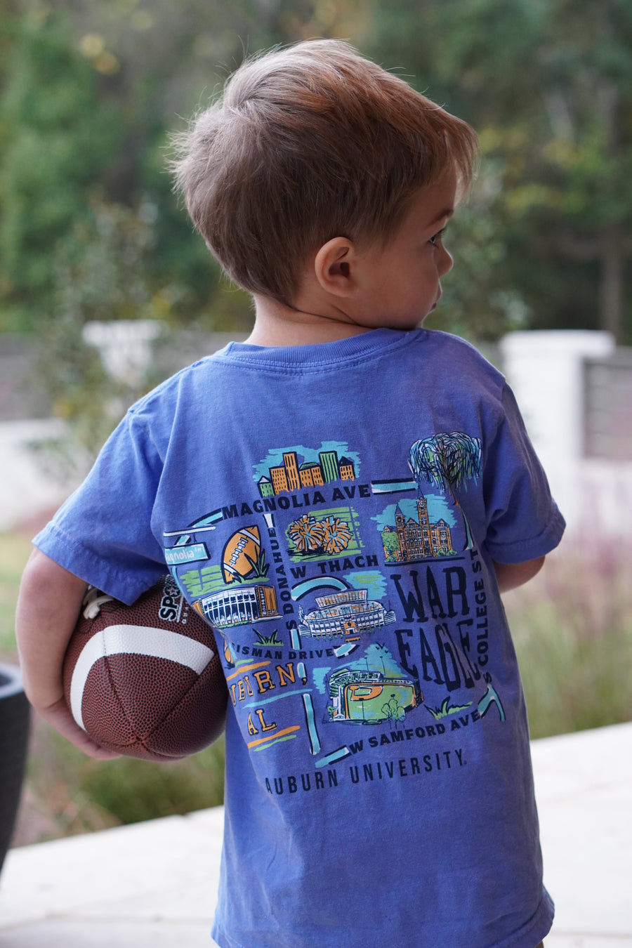 Auburn University Auburn Map Blue Comfort Colors Youth T-Shirt with a graphic map of Auburn University's landmarks (Back)