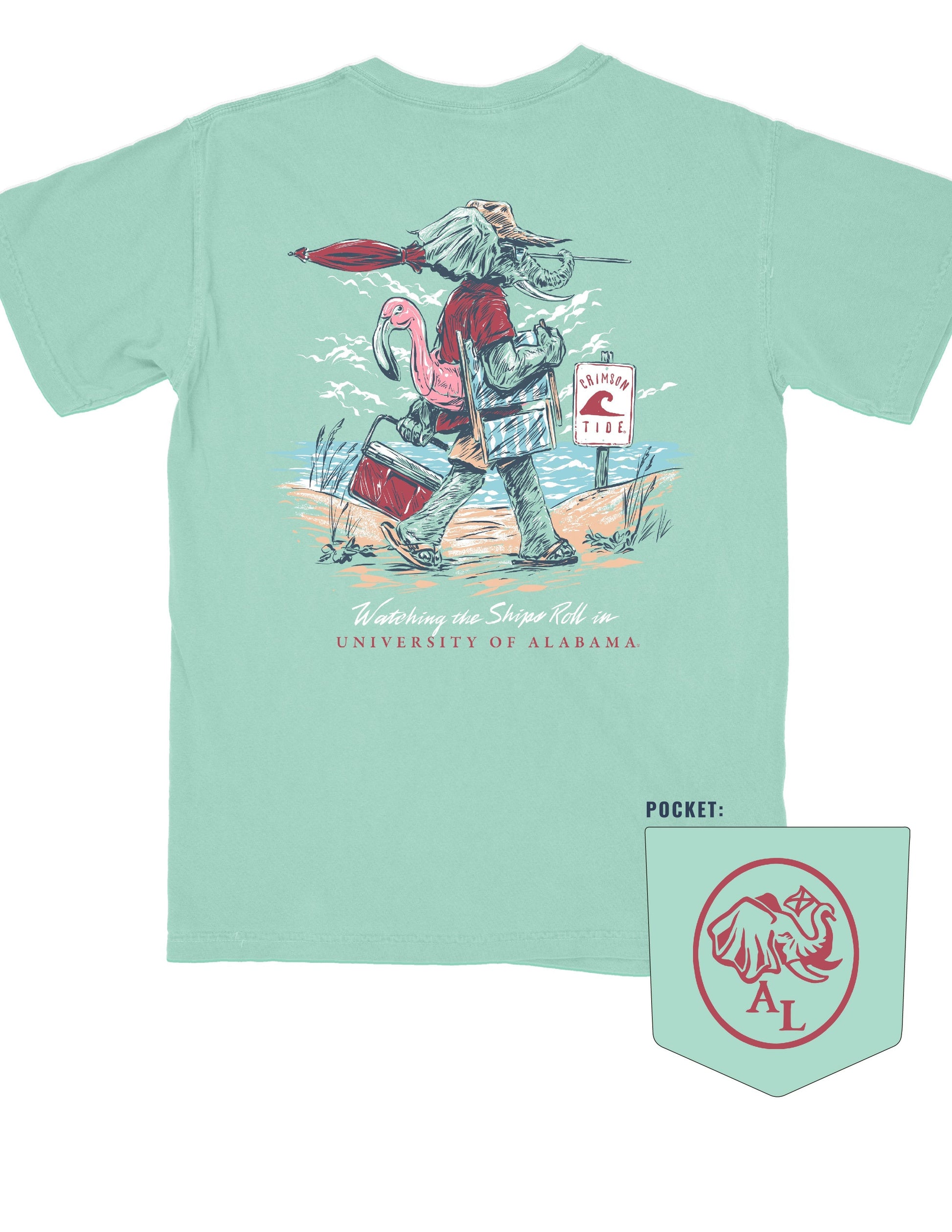 University of Alabama Big Al Beach Chalky Mint Comfort Colors T-Shirt with an image of Big Al in beach clothes carrying an umbrella dragging a cooler across the sand