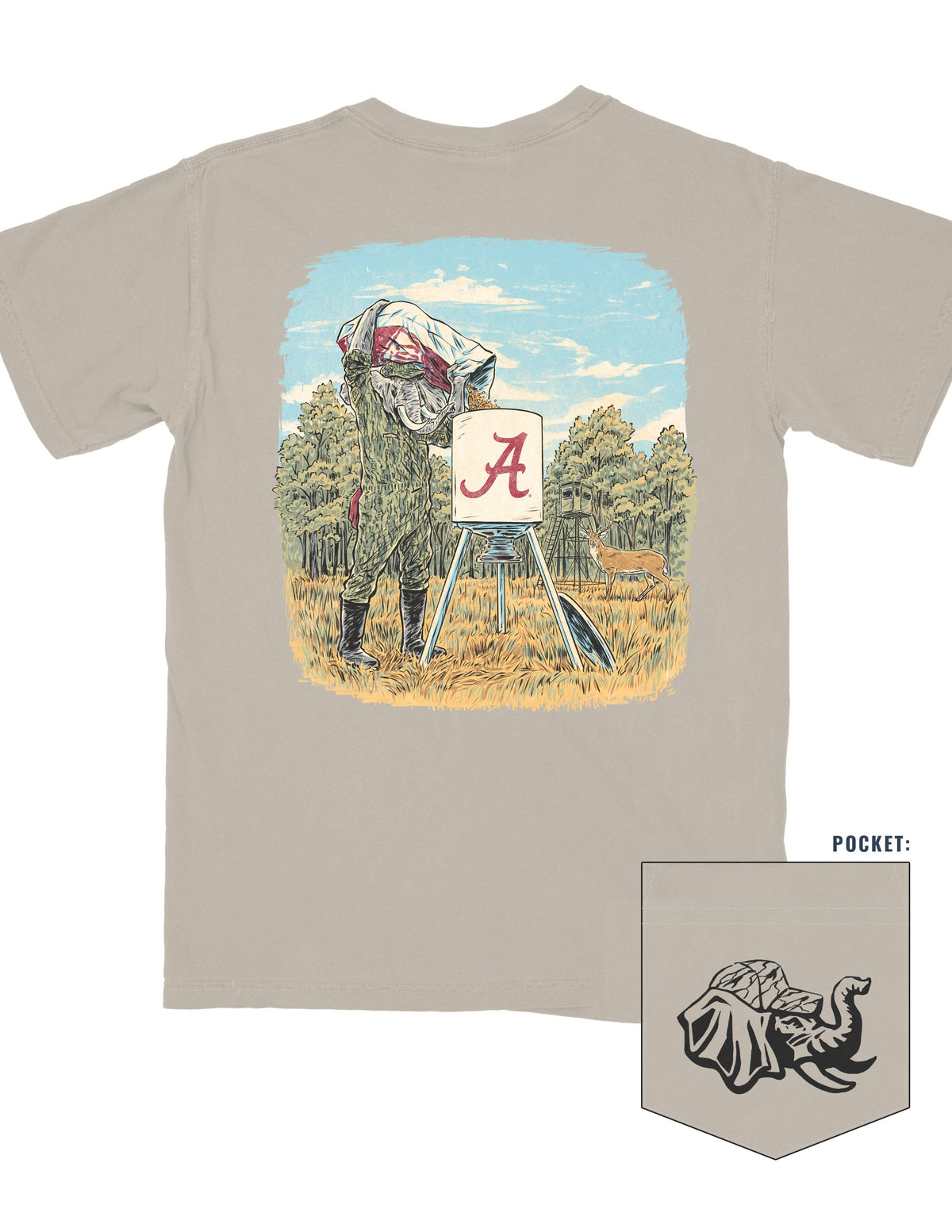University of Alabama Sandstone T-Shirt with an illustration of Big Al in hunting gear filling a Script A deer feeder with a deer in the background