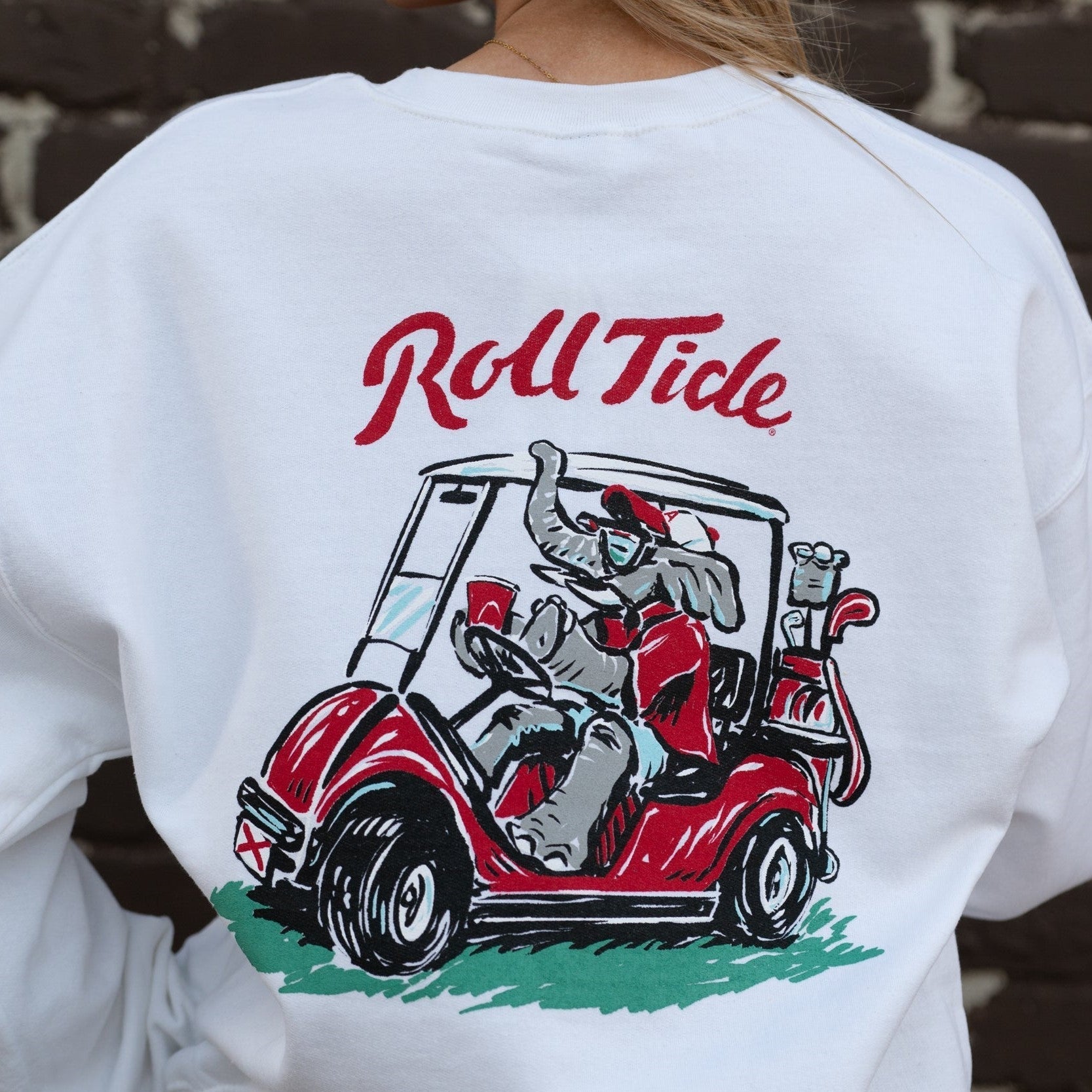 University of Alabama Big Al Golf Cart Grey Gildan Sweatshirt with the text "Roll Tide" above an image of Big Al wearing sunglasses and driving a golf cart