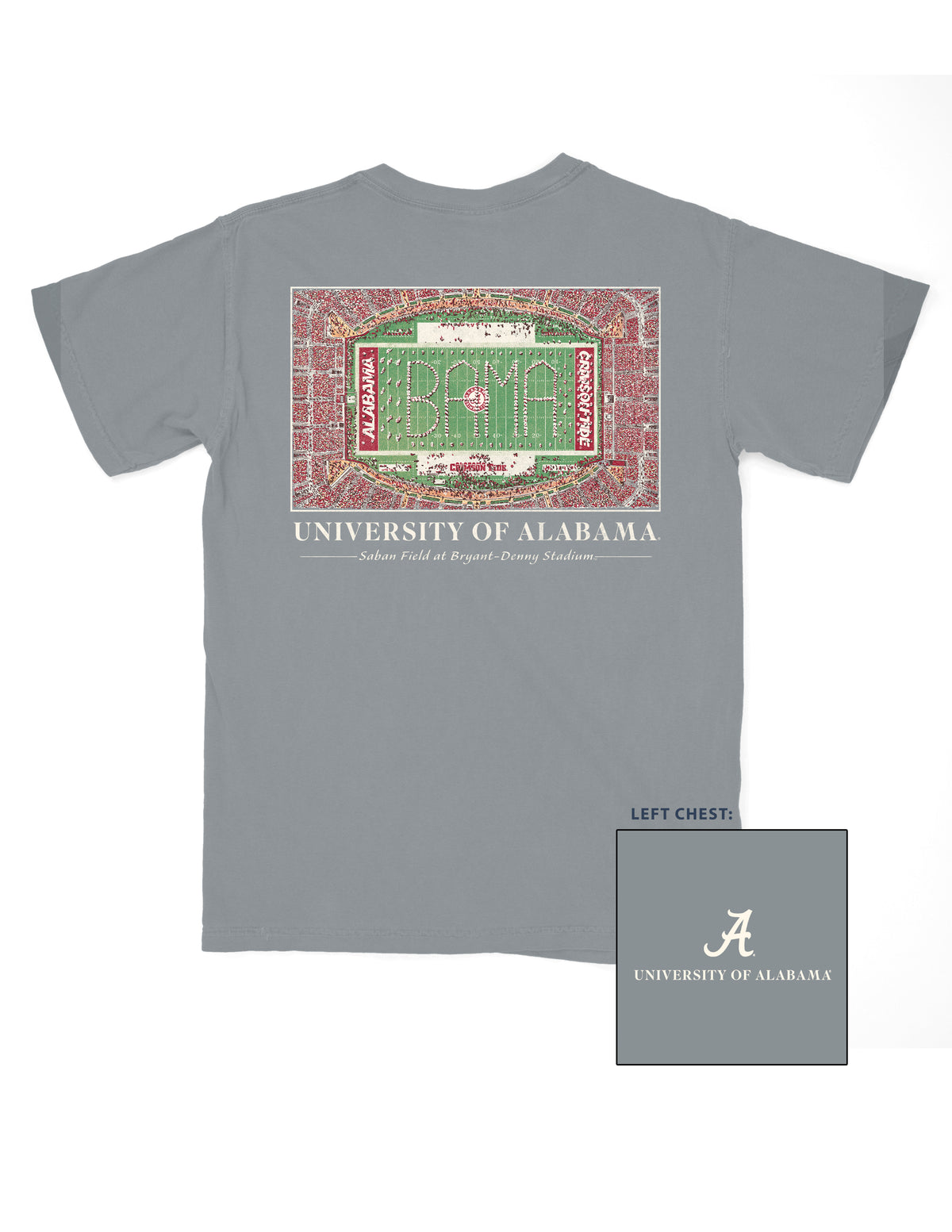 University of Alabama Granite T-Shirt with an aerial view of the Million Dollar Band performing their iconic “Big Bama Spellout”