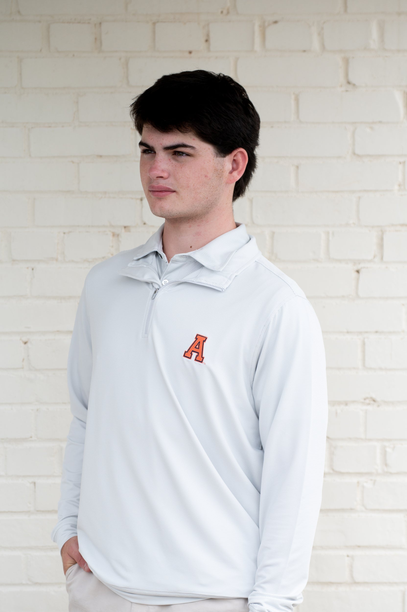 Auburn University Light Grey Stripe ¼ Zip Pullover with the Orange Block A Logo embroidery
