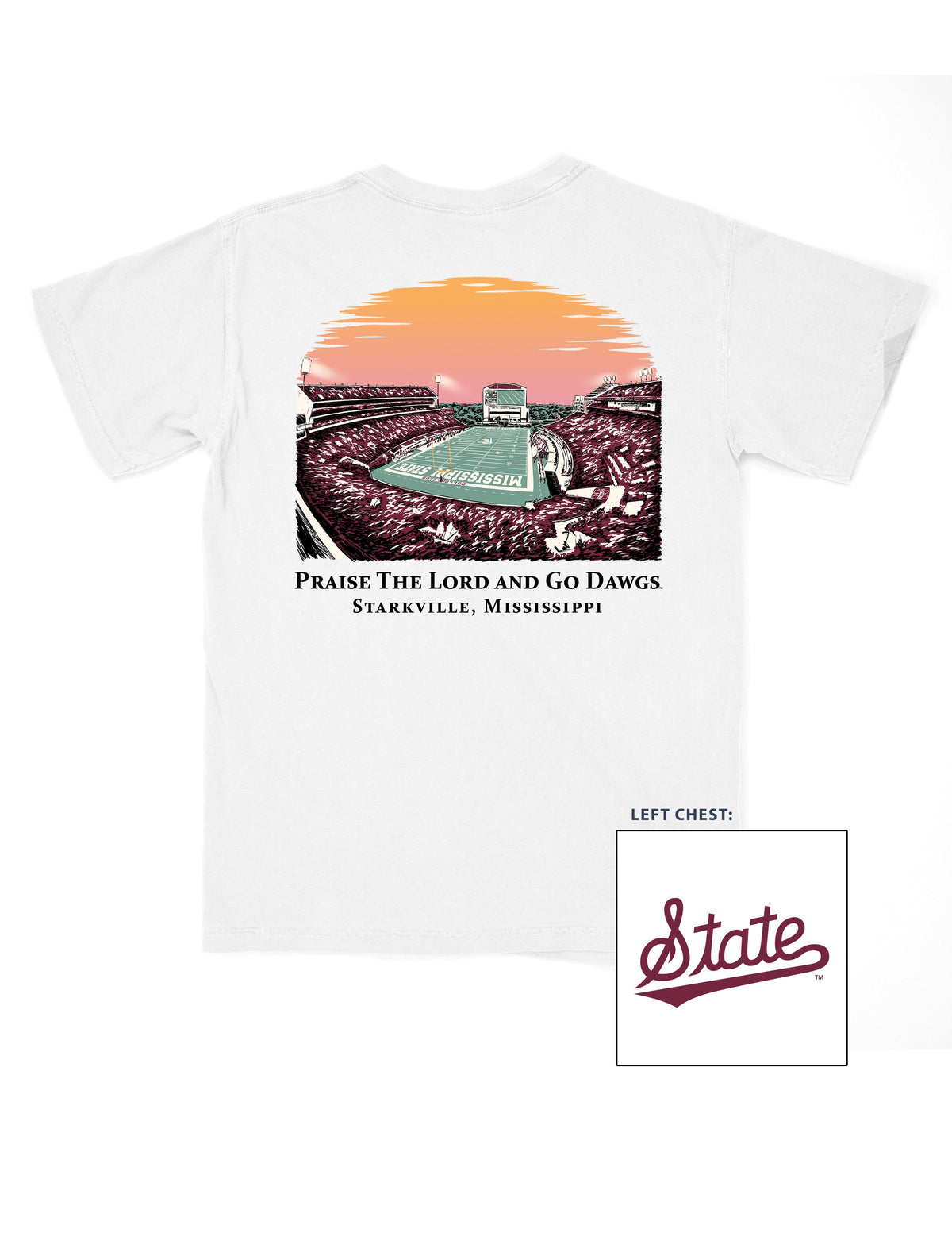 Mississippi State White T-Shirt with an image of the sun setting over the crowded Davis-Wade Stadium above text “Praise The Lord And Go Dawgs”