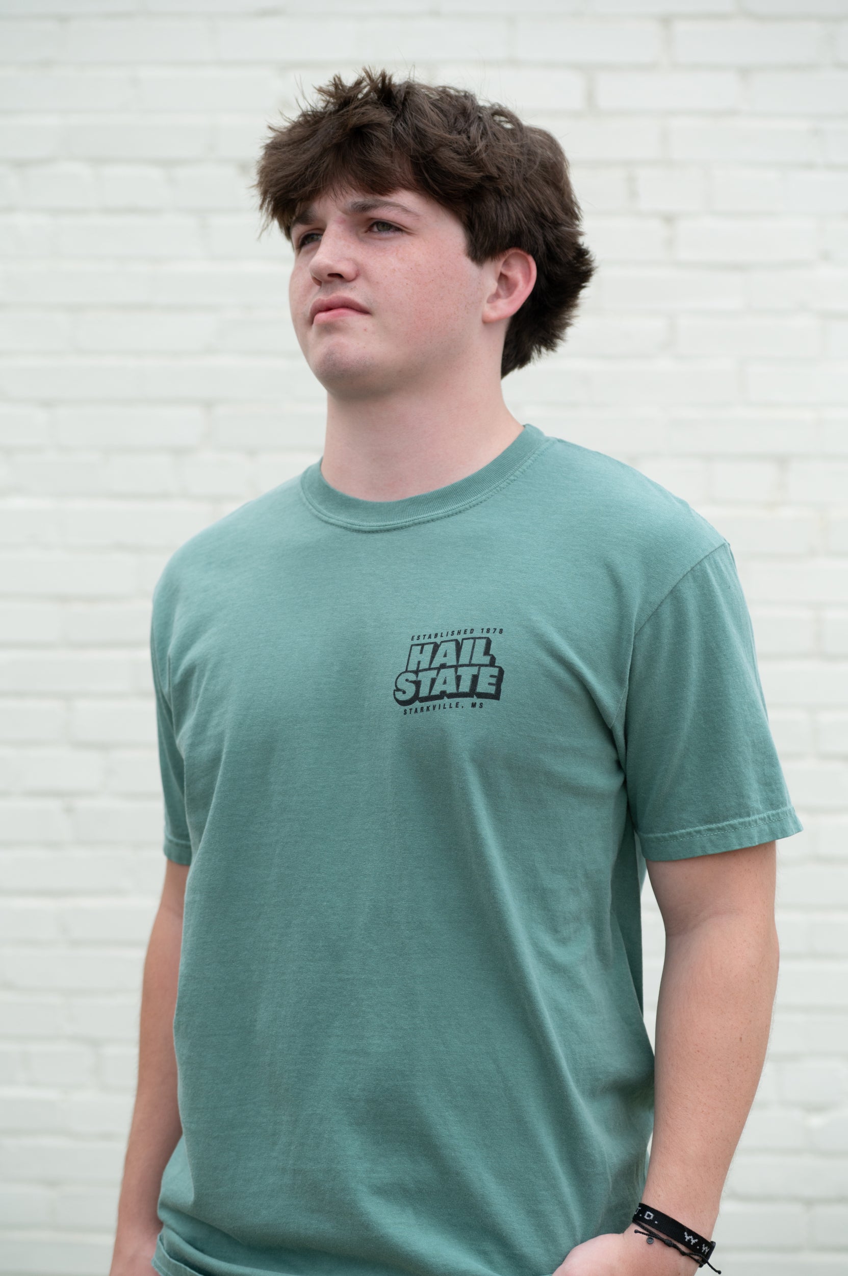 Mississippi Sate Green T-Shirt with postcard style text "HAIL STATE" with "Hail State" filled with images of icons in that location