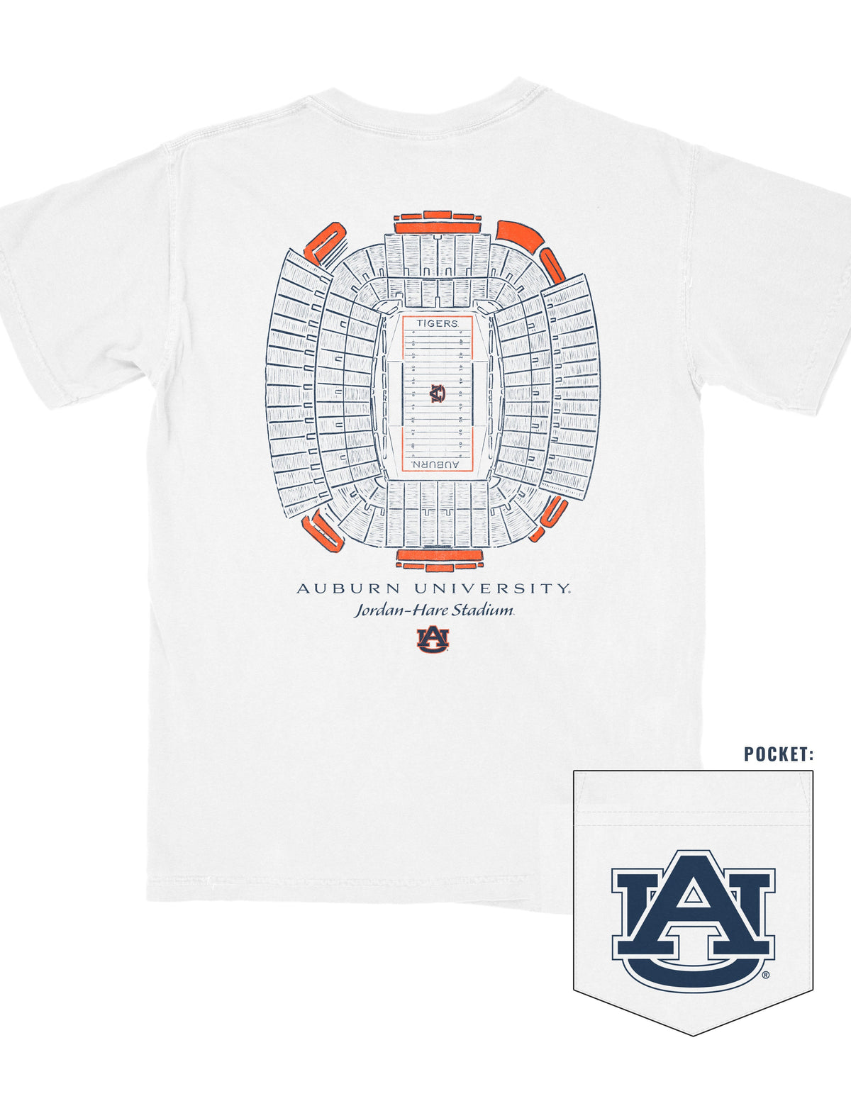 Auburn University White T-Shirt with a blueprint of the Jordan-Hare Stadium