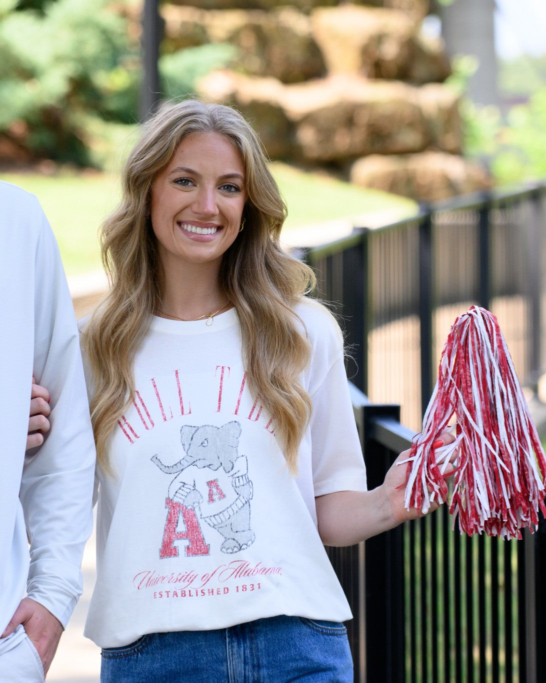 University of Alabama Ivory T-Shirt with Red text “Roll Tide” above an image of Big Al leaning on a Black A