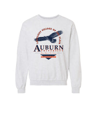 Auburn University Grey Sweatshirt with an image of an eagle flying under Orange text “Loveliest Village of the Plains” and above text “Auburn University”