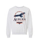 Auburn University Grey Sweatshirt with an image of an eagle flying under Orange text “Loveliest Village of the Plains” and above text “Auburn University”