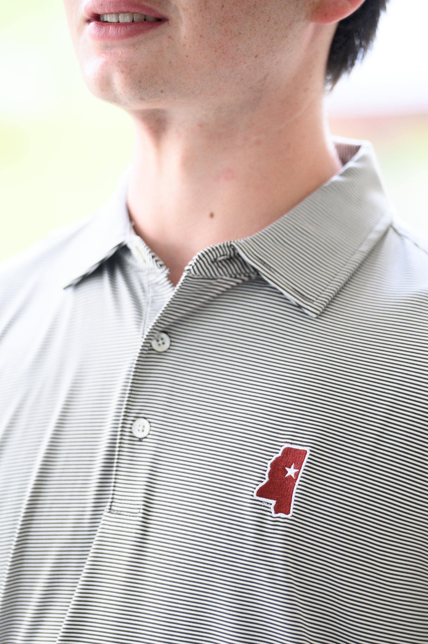 Mississippi State Grey Men’s Stripe Polo with the Mississippi State outline embroidery