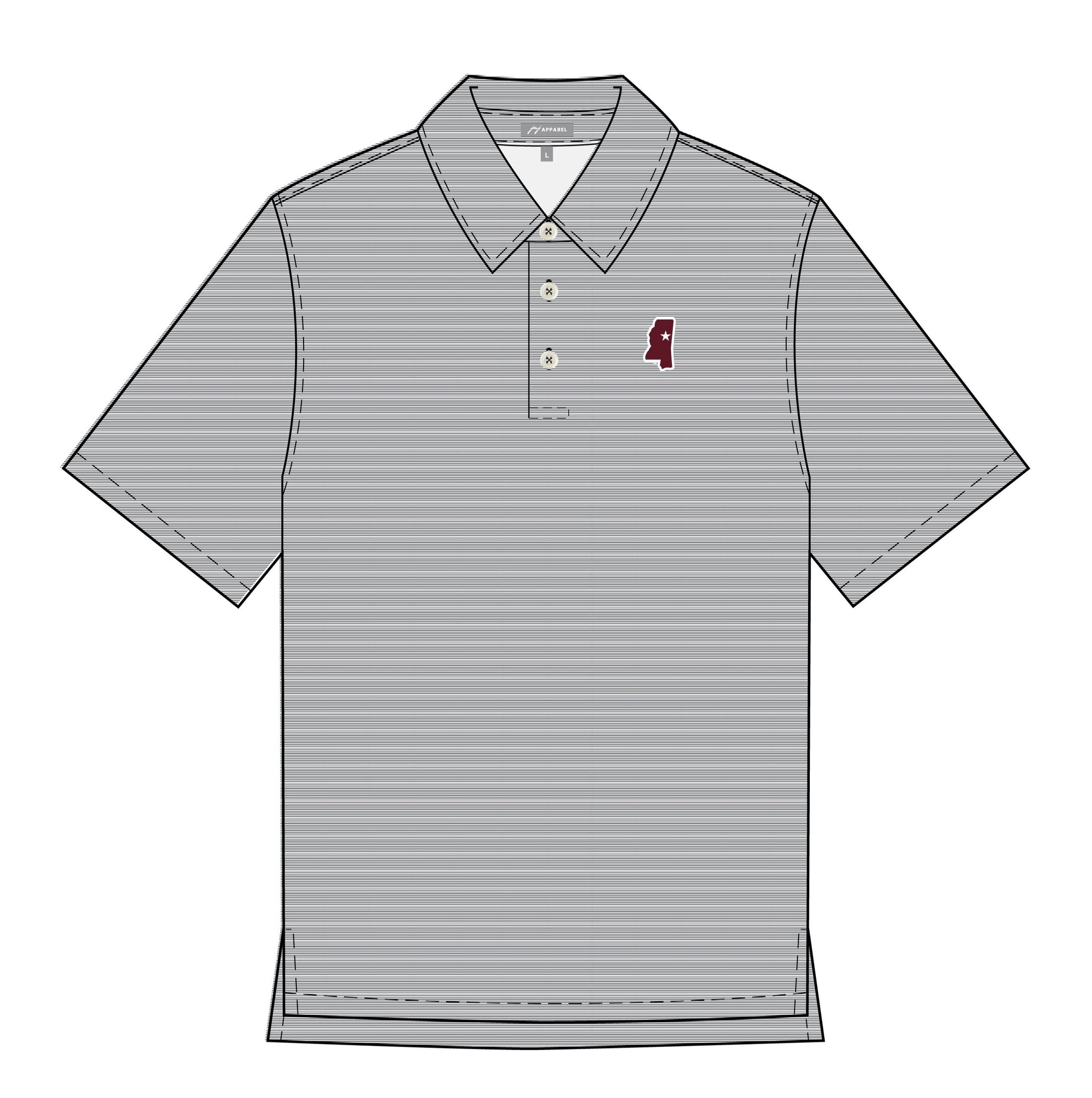 Mississippi State Grey Men’s Stripe Polo with the Mississippi State outline embroidery