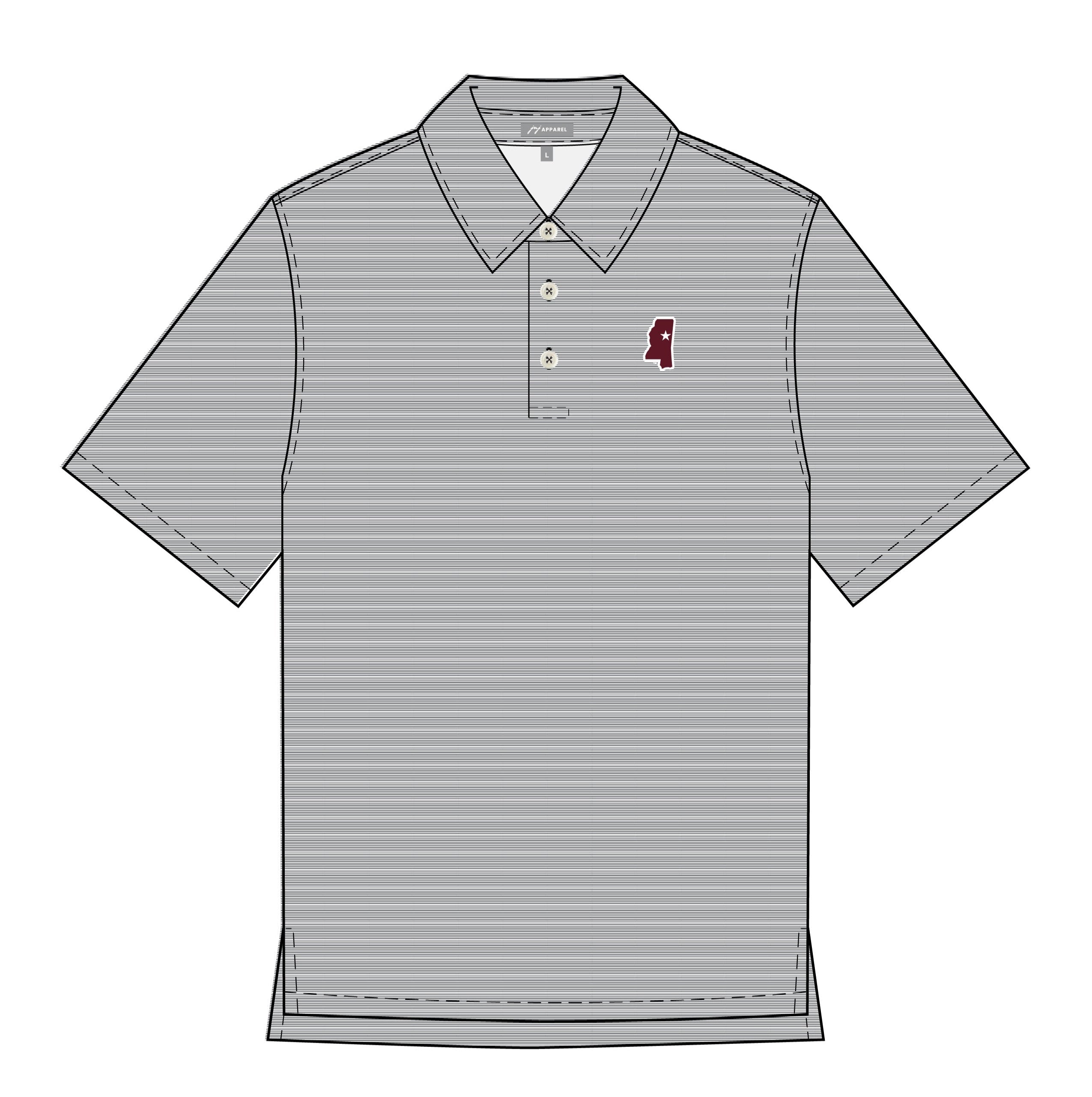 Mississippi State Grey Men’s Stripe Polo with the Mississippi State outline embroidery