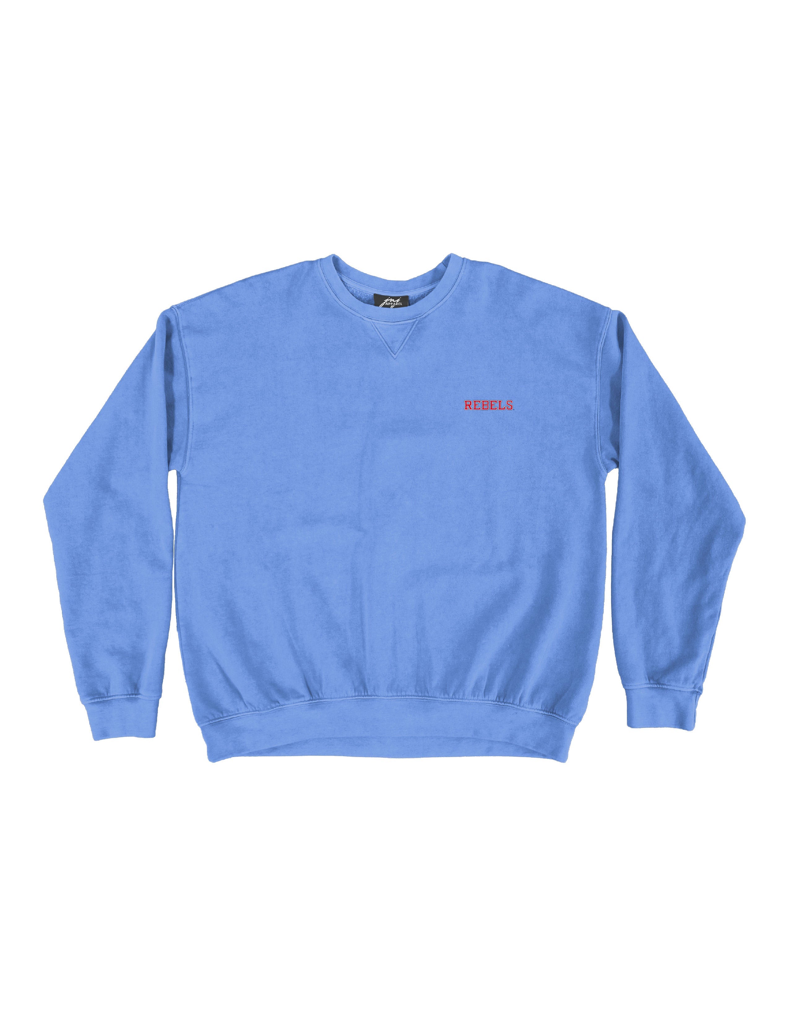 Blue sweatshirt with a red logo on a white background