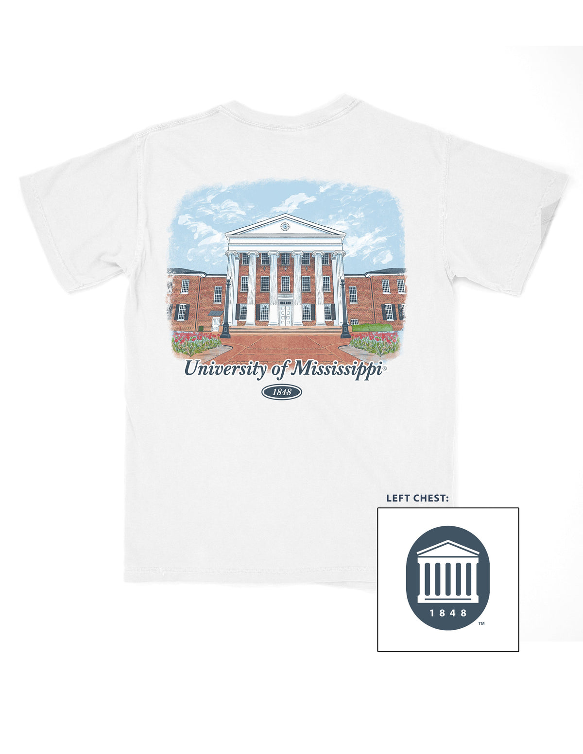 Ole Miss White T-Shirt with an illustration of the Lyceum building over Navy text “University of Mississippi”