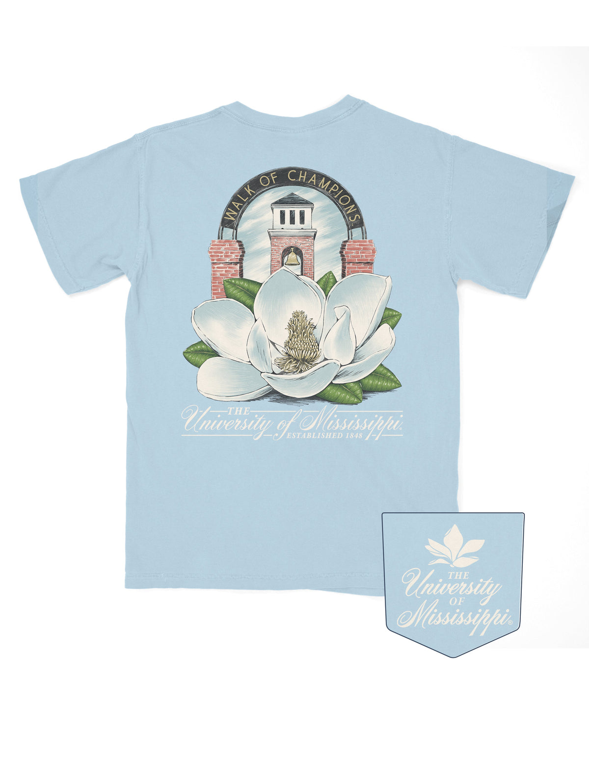 Ole Miss Light Blue T-Shirt with a large image of a magnolia flower in front of the walk of champions gate
