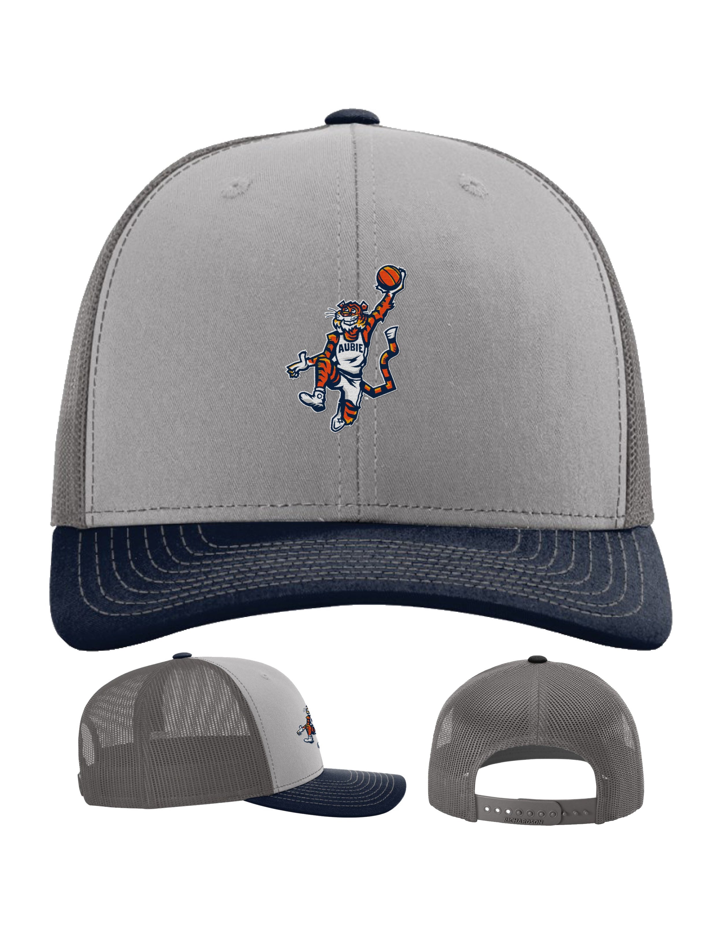 Auburn University Grey and Navy Trucker Hat with the Original Aubie basketball logo on the front, featuring a gray crown and black visor.