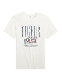 Auburn University Ivory T-Shirt with navy text “Tigers” above Aubie laying down