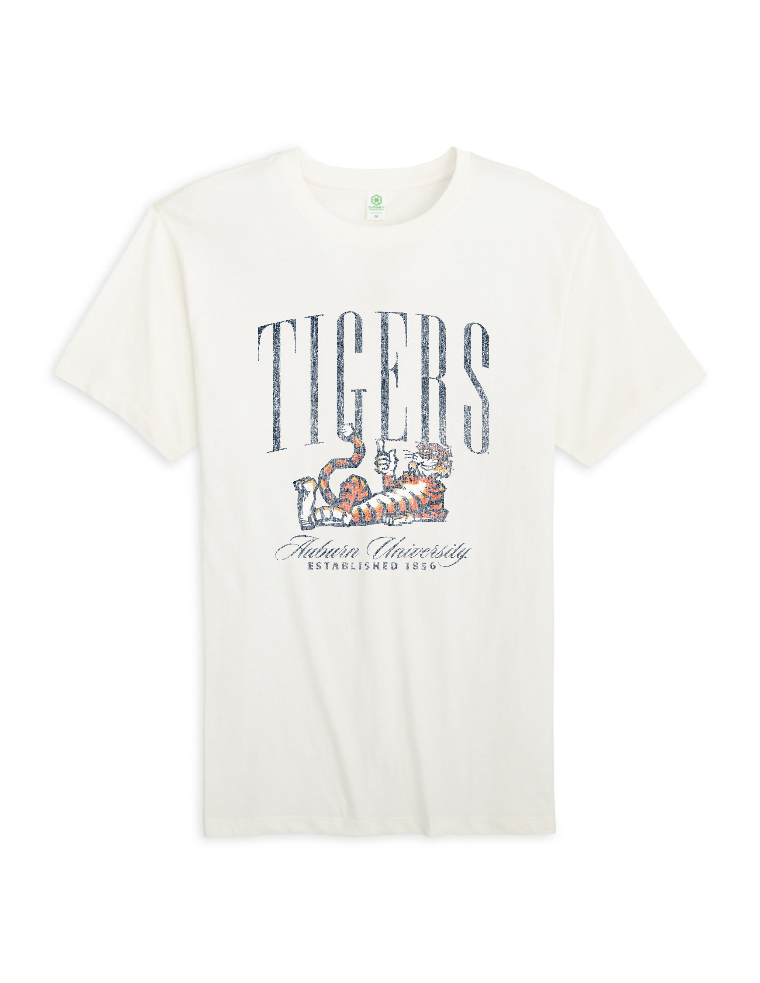 Auburn University Ivory T-Shirt with navy text “Tigers” above Aubie laying down