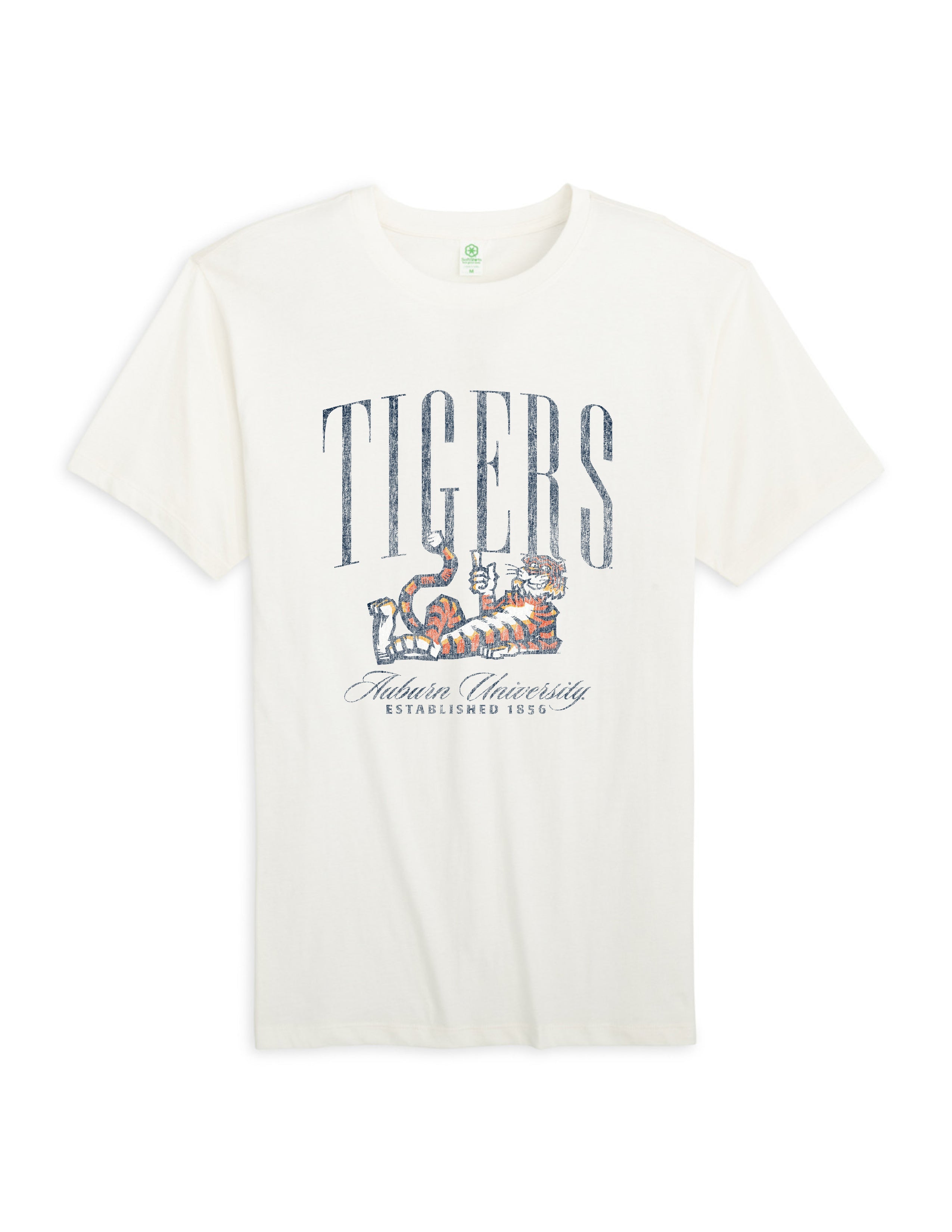 Auburn University Ivory T-Shirt with navy text “Tigers” above Aubie laying down