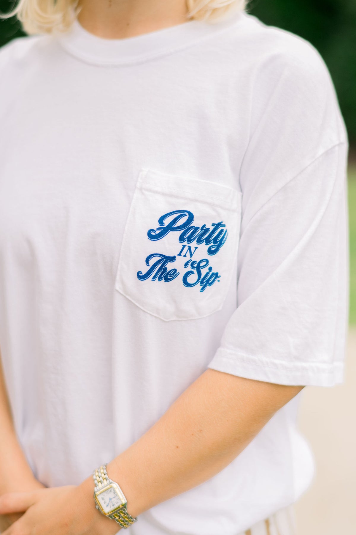 Ole Miss White Front Pocket with Blue text, "Party in the 'Sip"