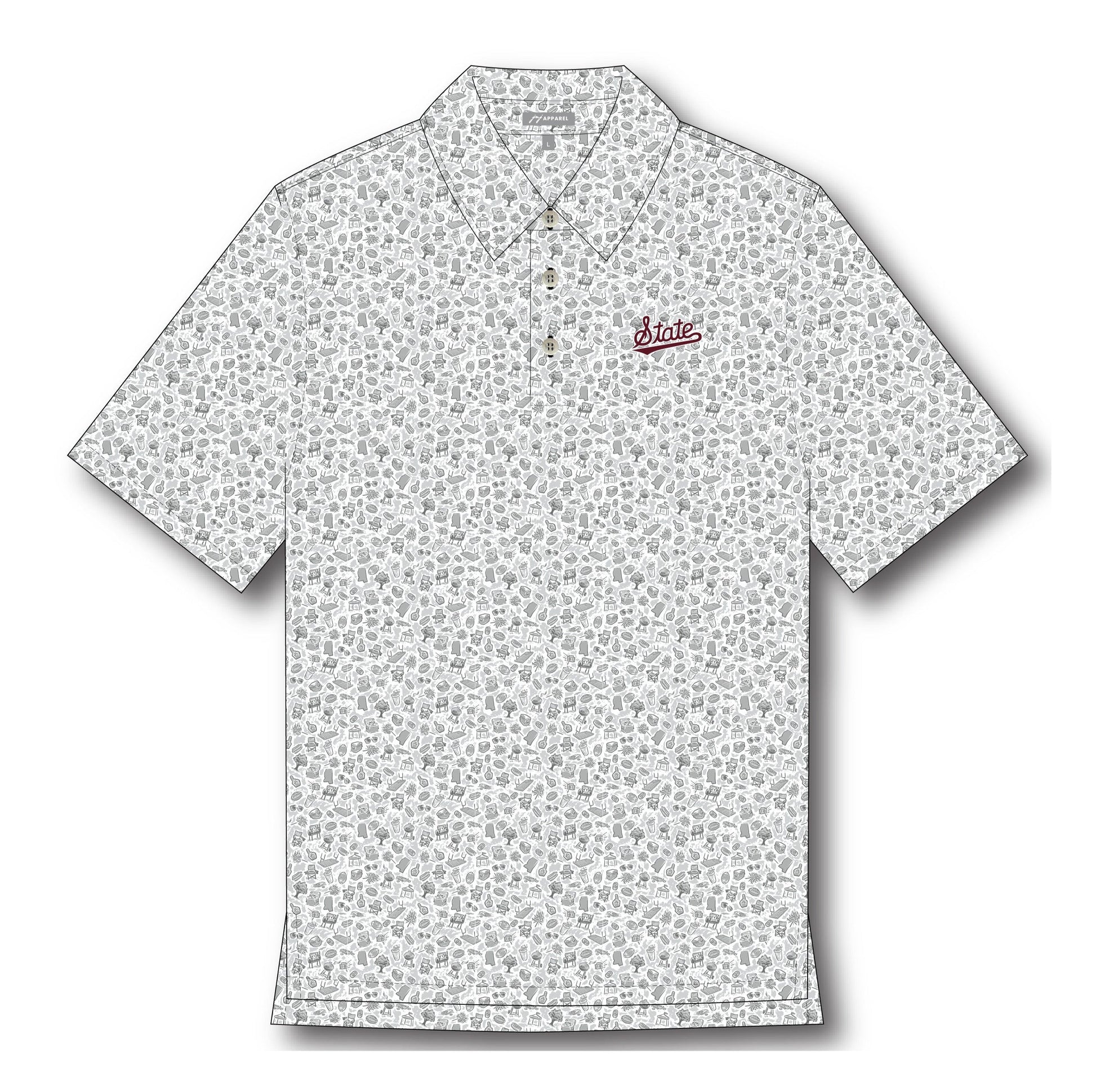 Mississippi State Grey Men’s Patterned Polo with a tailgate themed pattern and the Script State Logo embroidery
