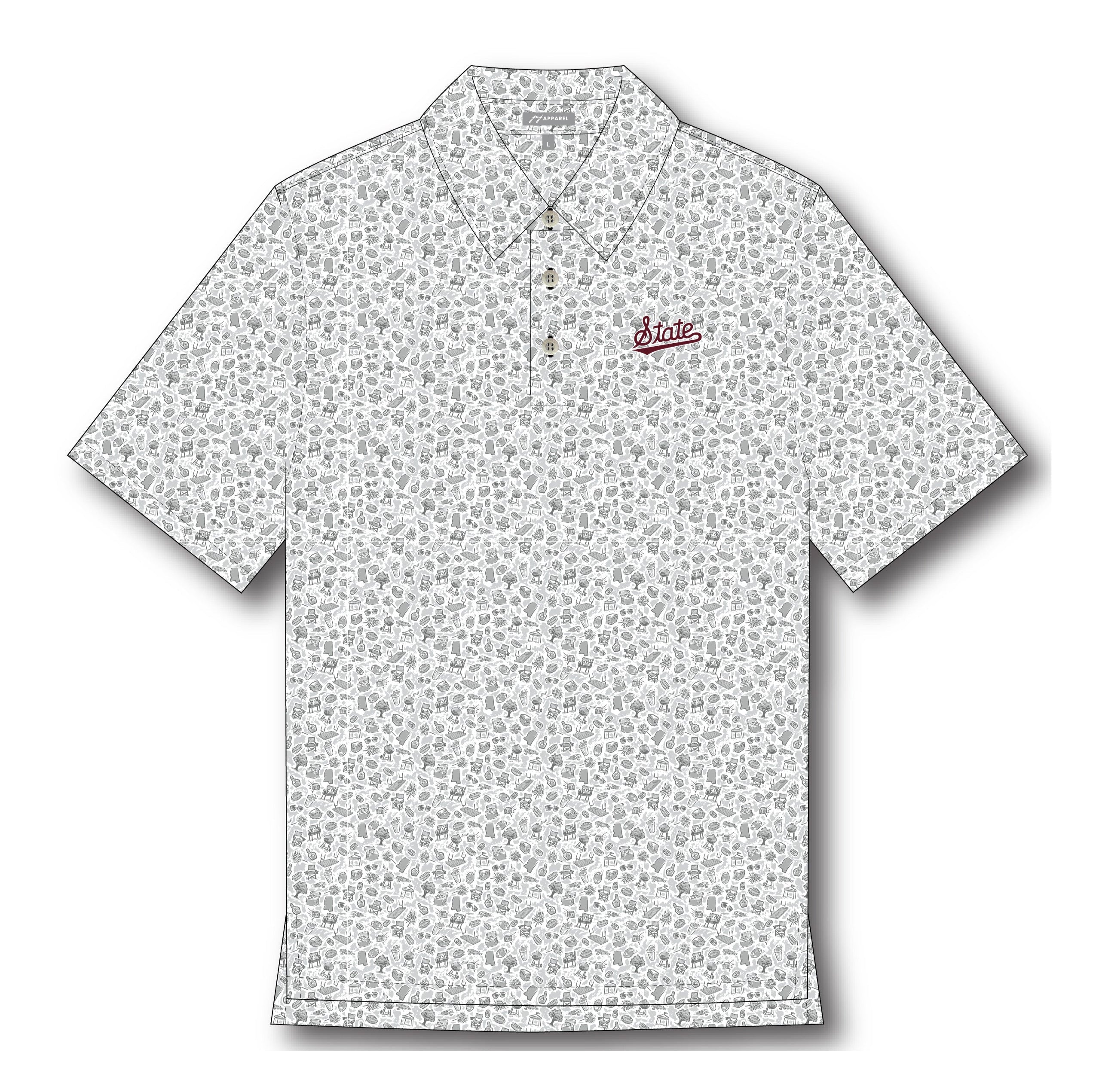Mississippi State Grey Men’s Patterned Polo with a tailgate themed pattern and the Script State Logo embroidery