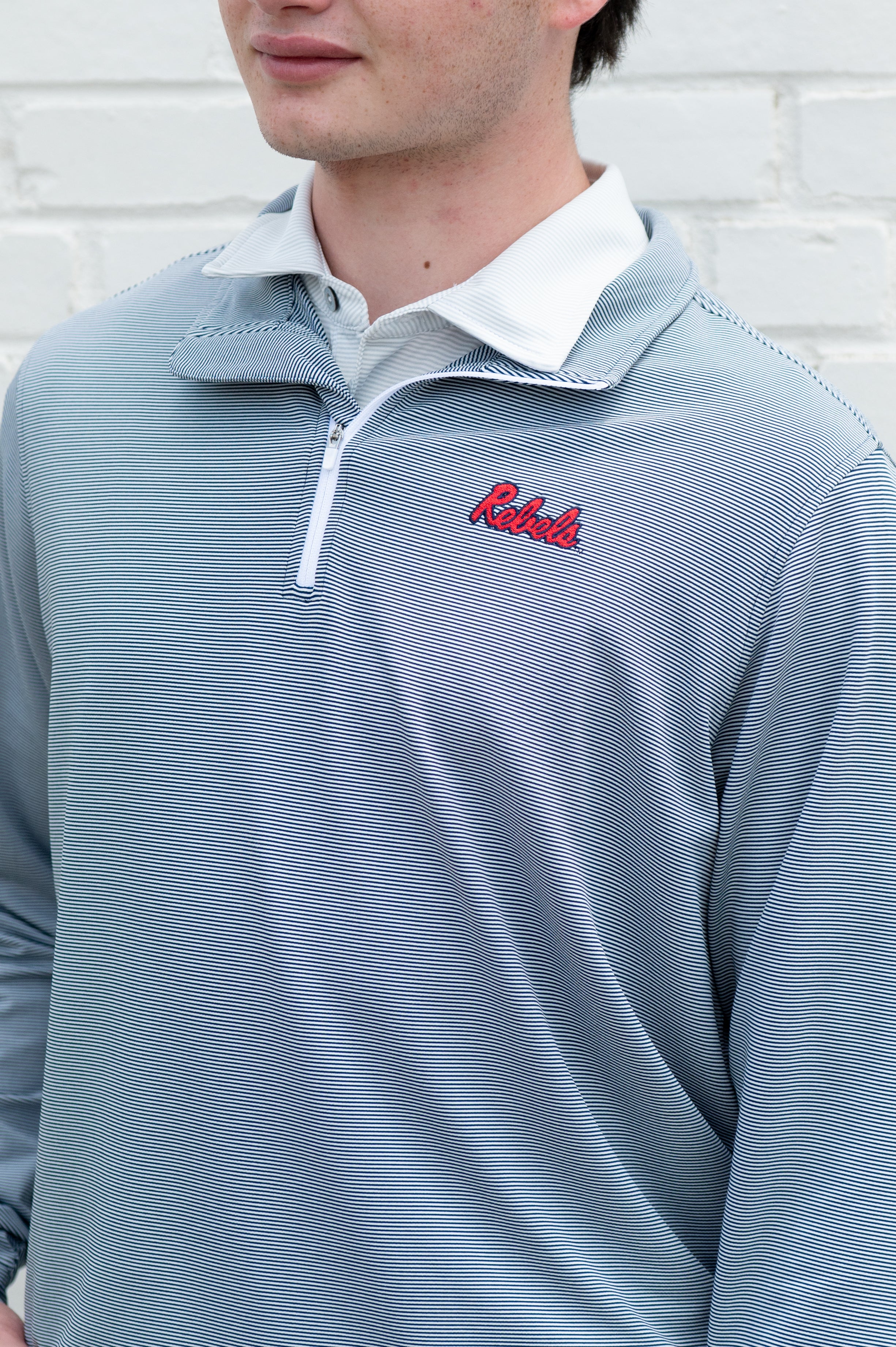 Ole Miss Navy Stripe ¼ Zip Pullover with the Script “Rebels” Logo embroidery