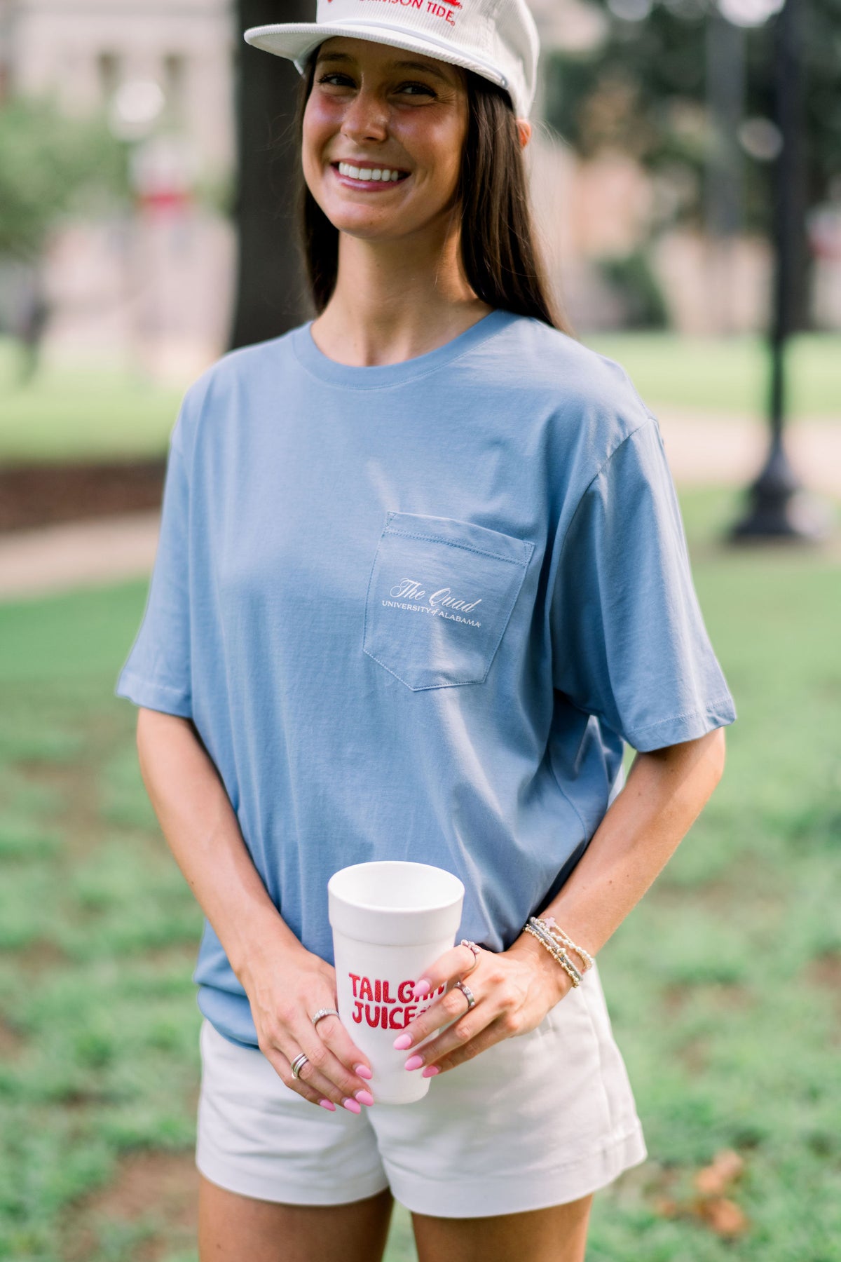 University of Alabama Blue-Grey Shirt Front Pocket with White text "The Quad |University of Alabama