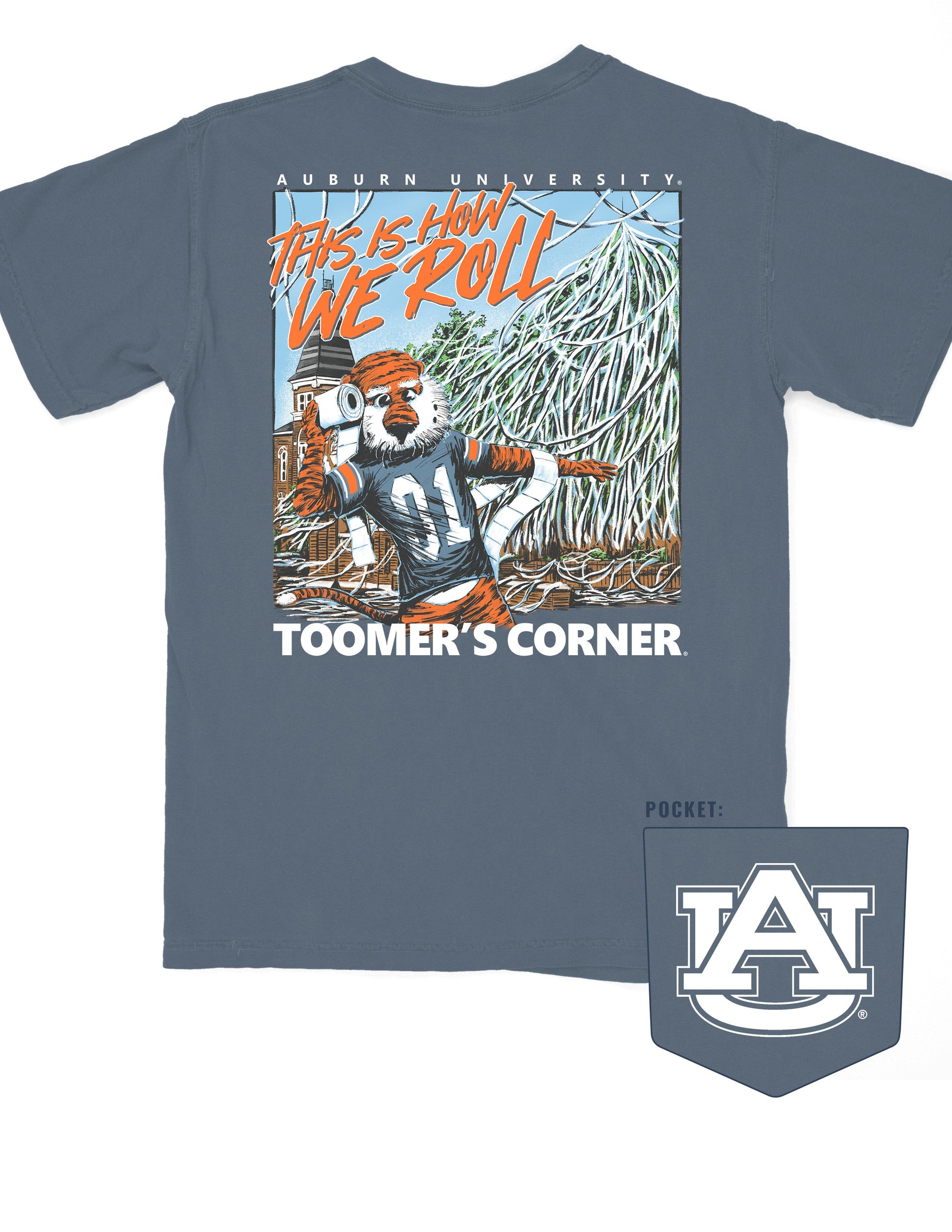 Auburn University Blue This is How We Roll T-Shirt featuring an illustration of Aubie rolling the Toomer's Corner Magnolias beneath Orange text "This Is How We Roll"
