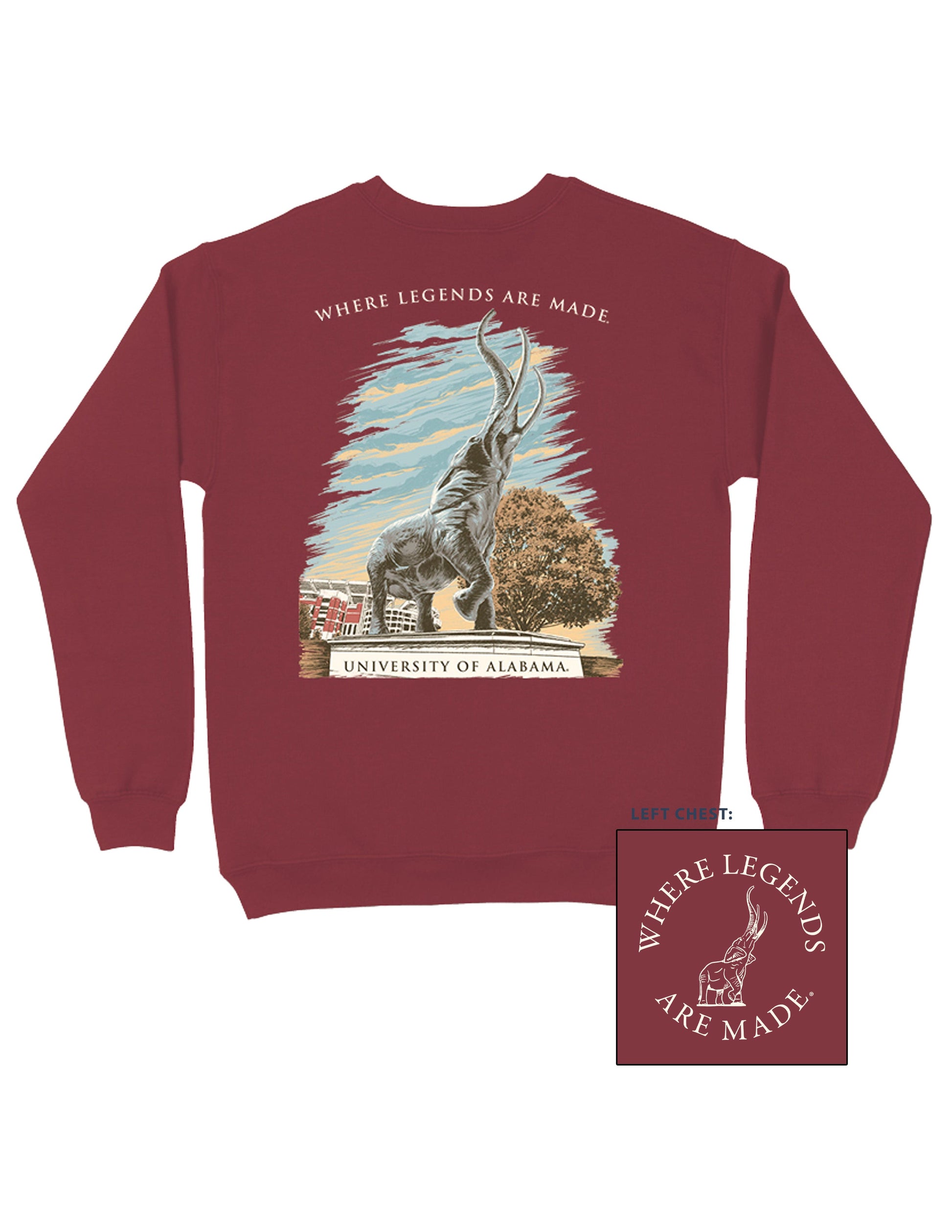 University of Alabama Red Sweatshirt with an image of the Tuska Statue underneath White text "Where Legends Are Made"