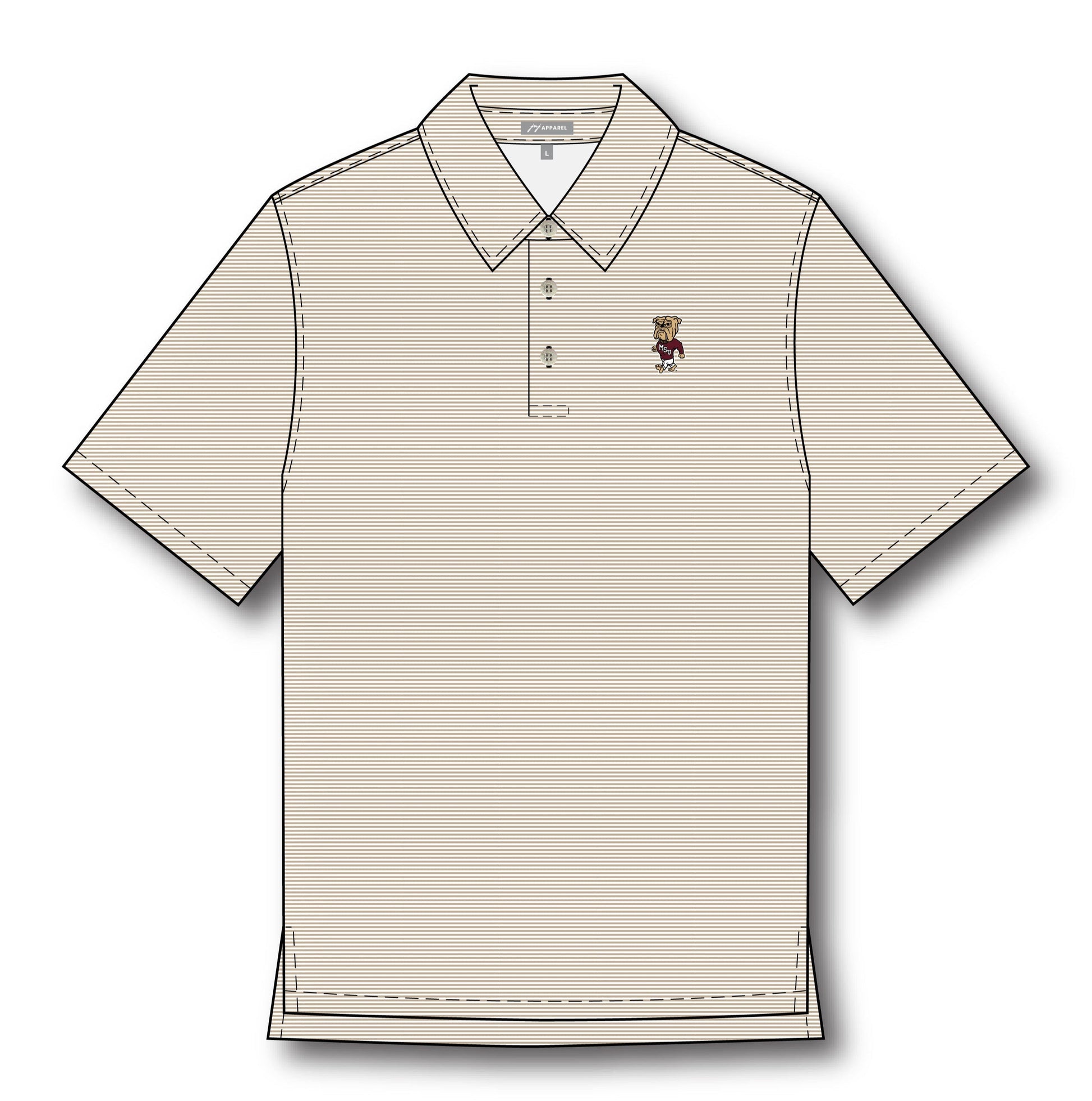 Mississippi State Tan Men’s Stripe Polo with the Walking Bully Logo embroidery