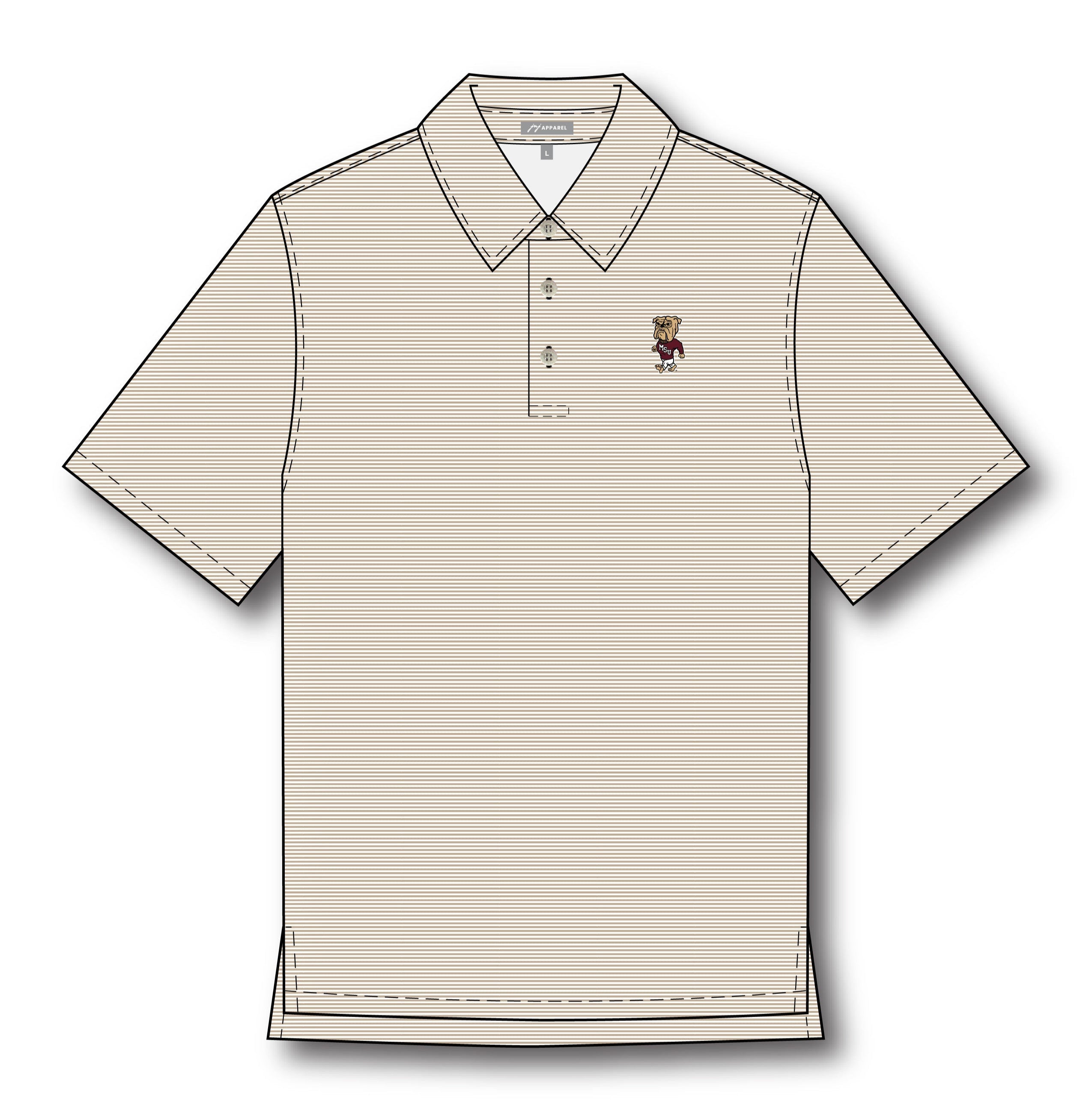 Mississippi State Tan Men’s Stripe Polo with the Walking Bully Logo embroidery
