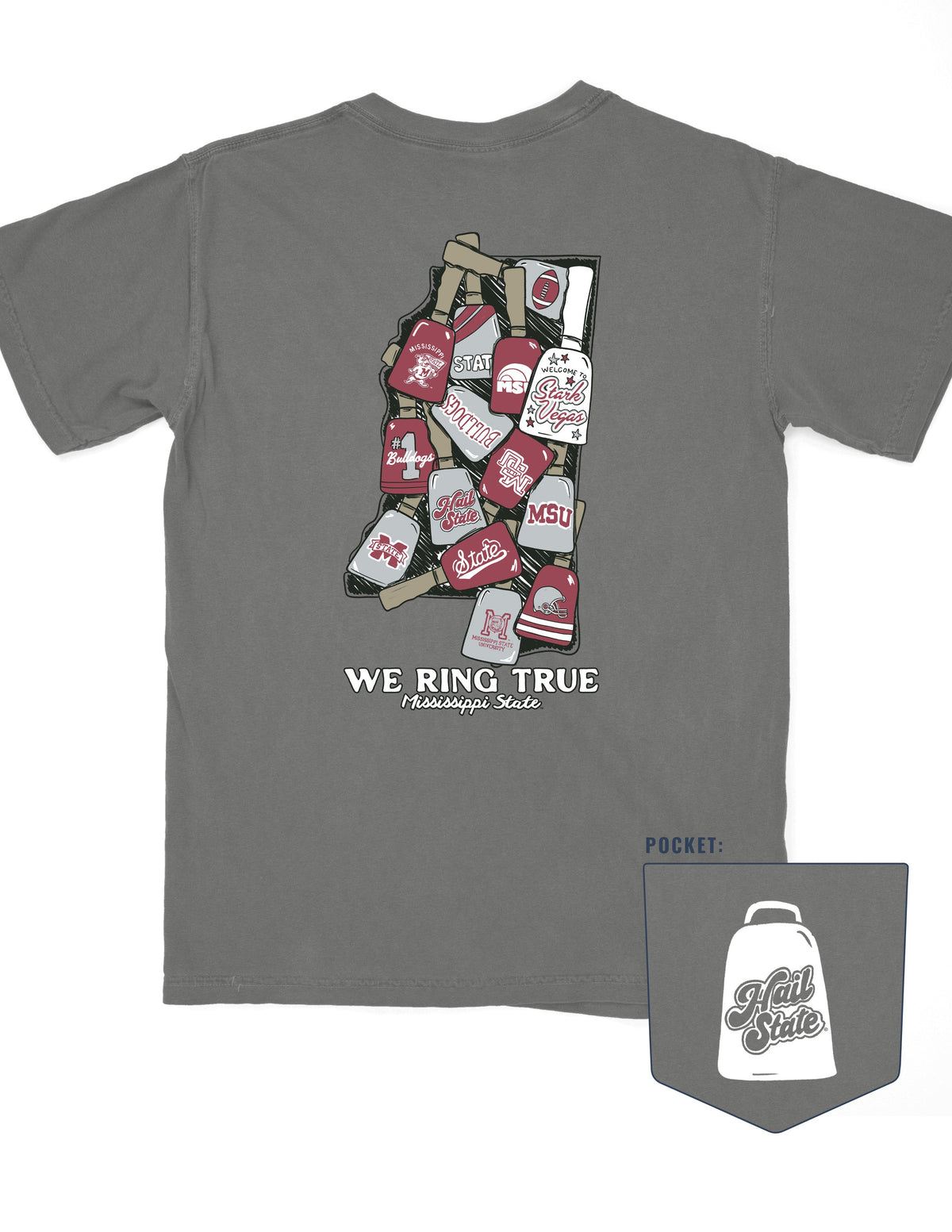 Mississippi State Grey T-Shirt with an outline of Mississippi made of MSU themed cowbells above White text, “We Ring True”