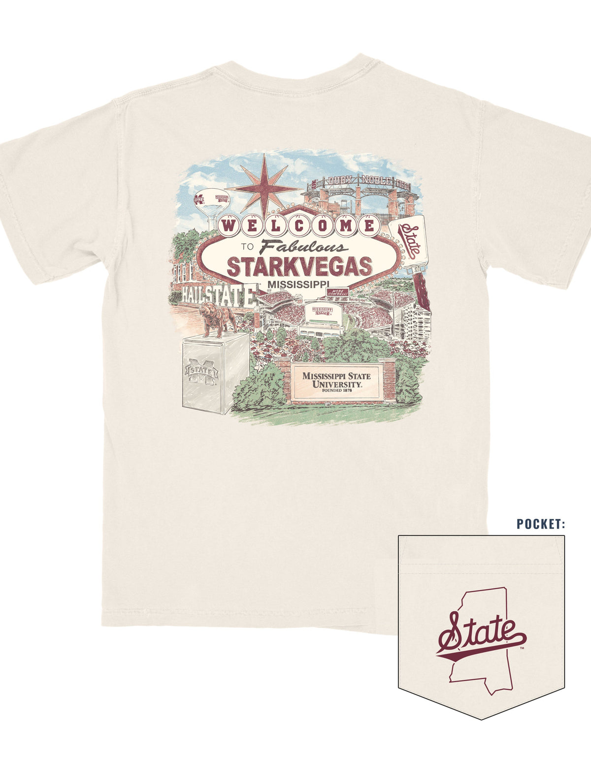 Mississippi State Ivory T-Shirt with an image of a Vegas- Style sign with text, “Welcome to Fabulous Starkvegas” in front of a collage of Mississippi State icons suck as Bully and the Davis-Wade Stadium
